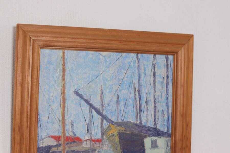 Original Swedish oil on panel – “Moored Boats” by Olle Anderson – vintage & framed – 44 × 51 cm