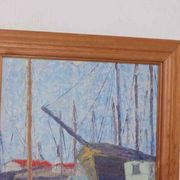 Original Swedish oil on panel – “Moored Boats” by Olle Anderson – vintage & framed – 44 × 51 cm
