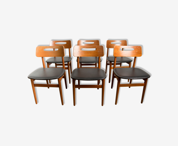 Série de 6 chaises danoises en teck et skaï noir 1960
