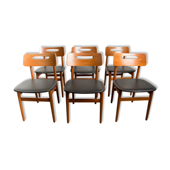 Set of 6 danish chairs in teak and black skaï 1960