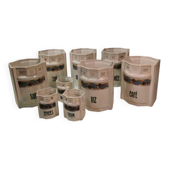 ELEGANT Set of 9 ART DECO SPICE JARS in NUMBERED FINE Porcelain. MULTICOLOR