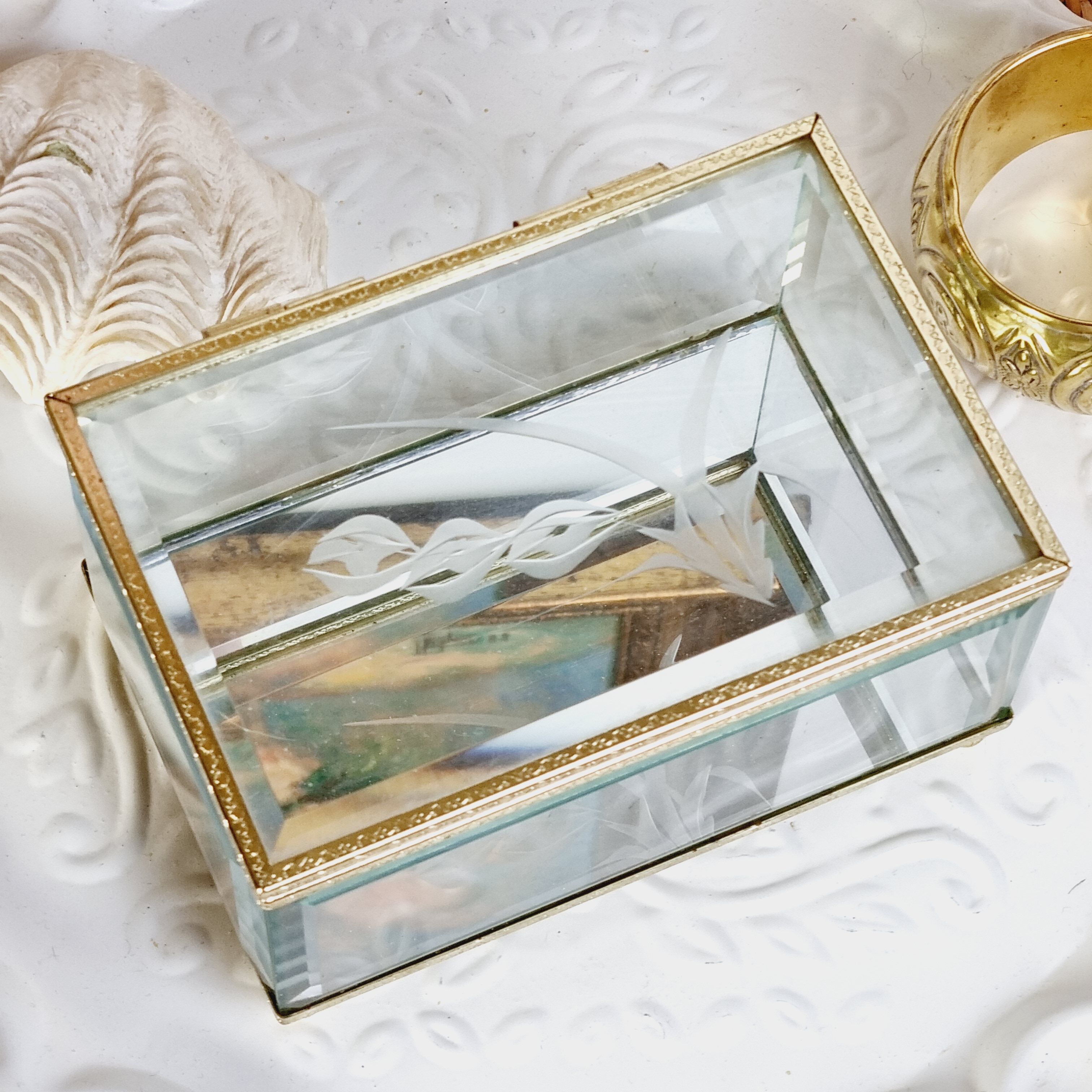 Beveled and chiseled glass and brass jewelry box