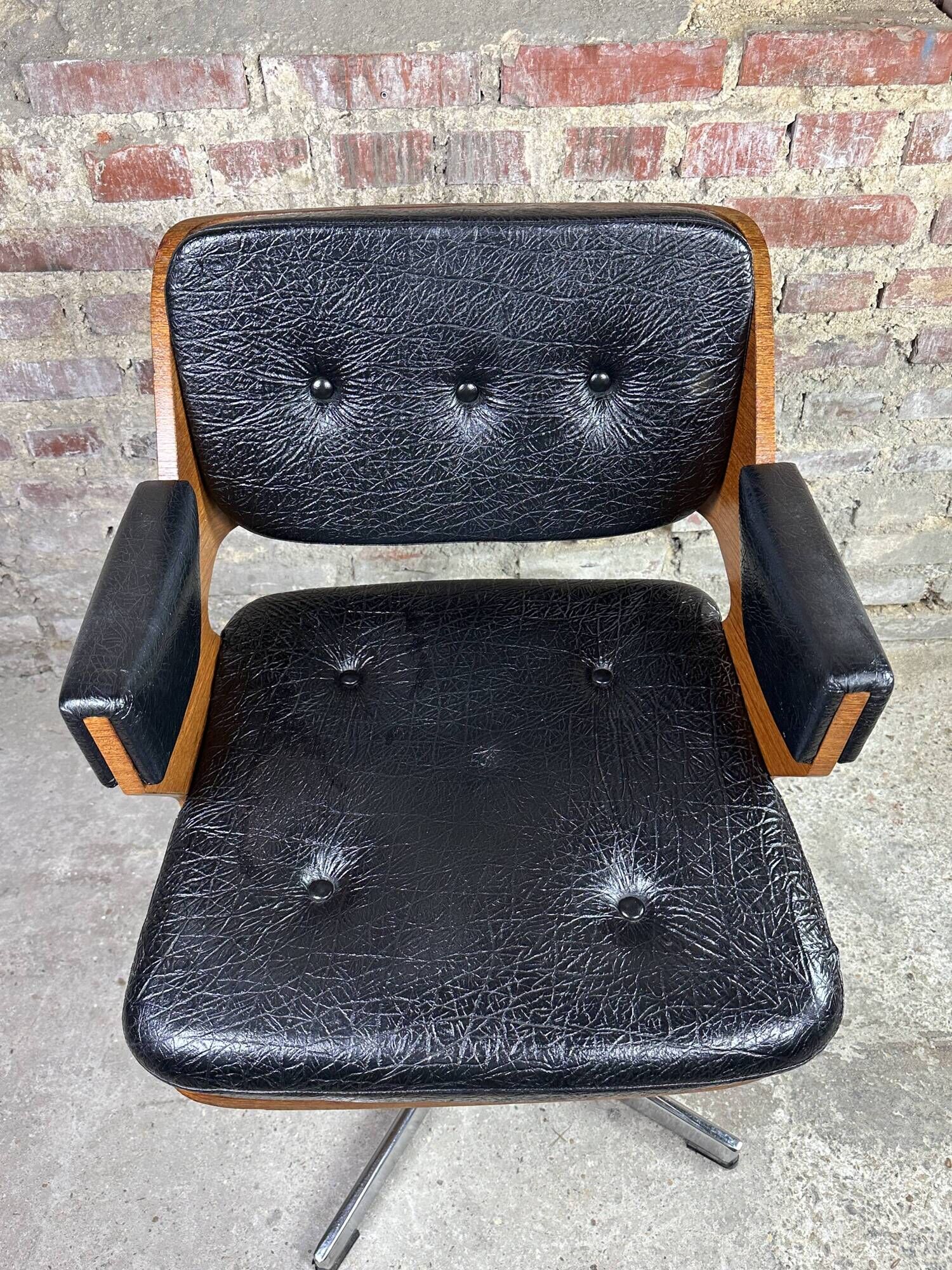 Martin Stoll vintage 1960 swivel armchair in wood and imitation