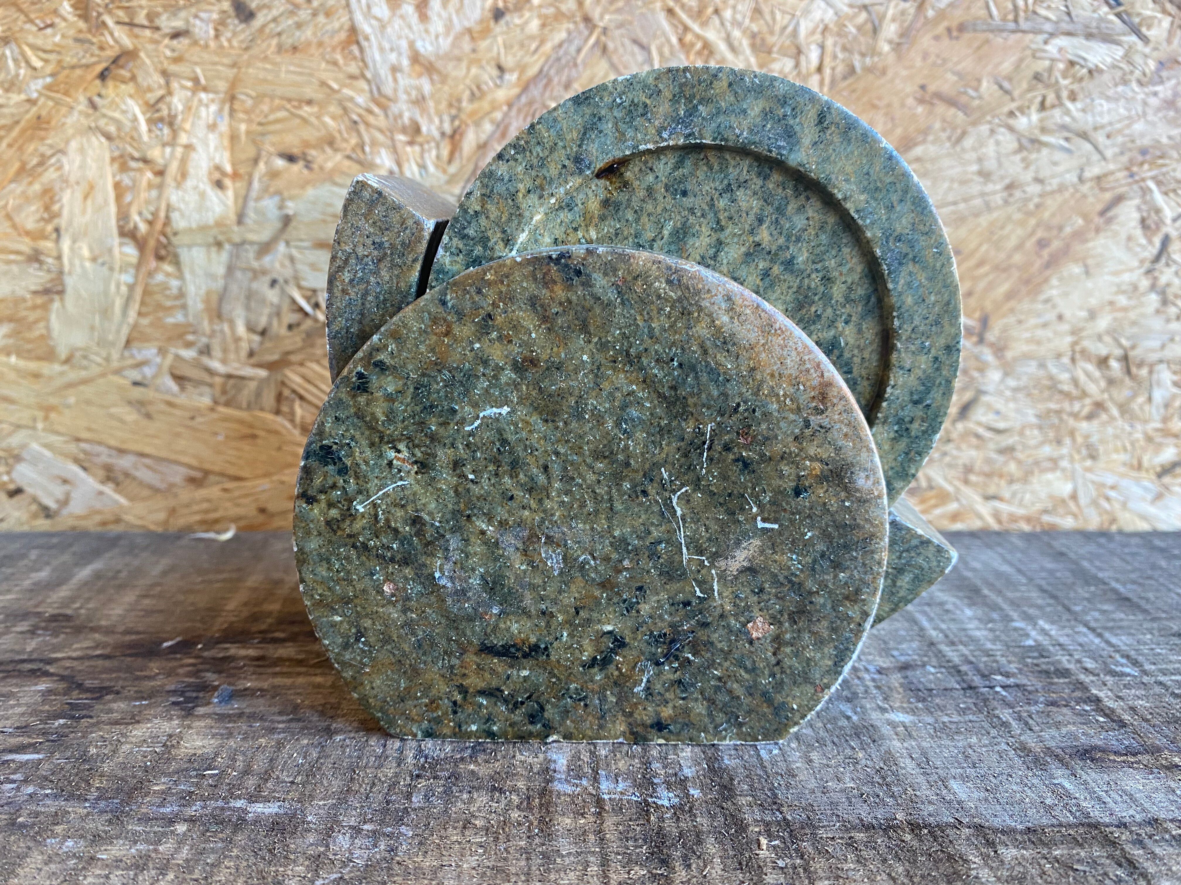 Série de 6 dessous de verre marbre vert + support vintage