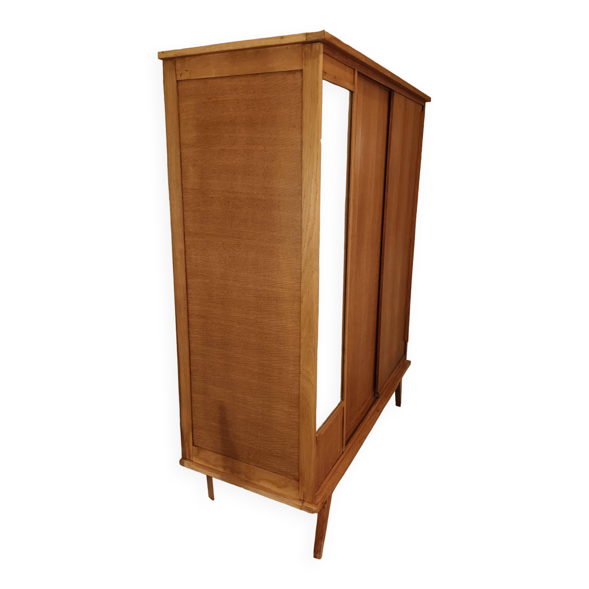 Vintage oak wardrobe with mirror with two sliding doors, France 1960s