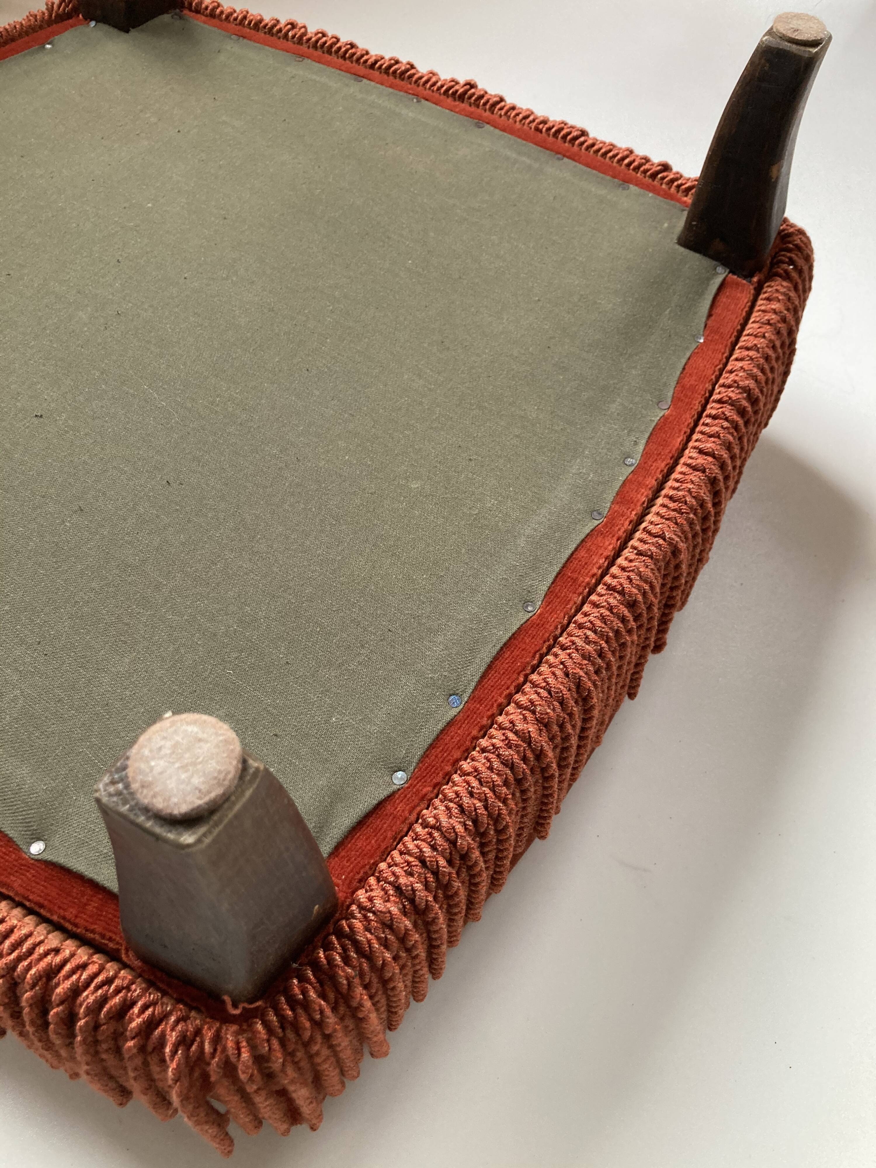 Vintage Jean Roche pouf in orange velvet with fringes