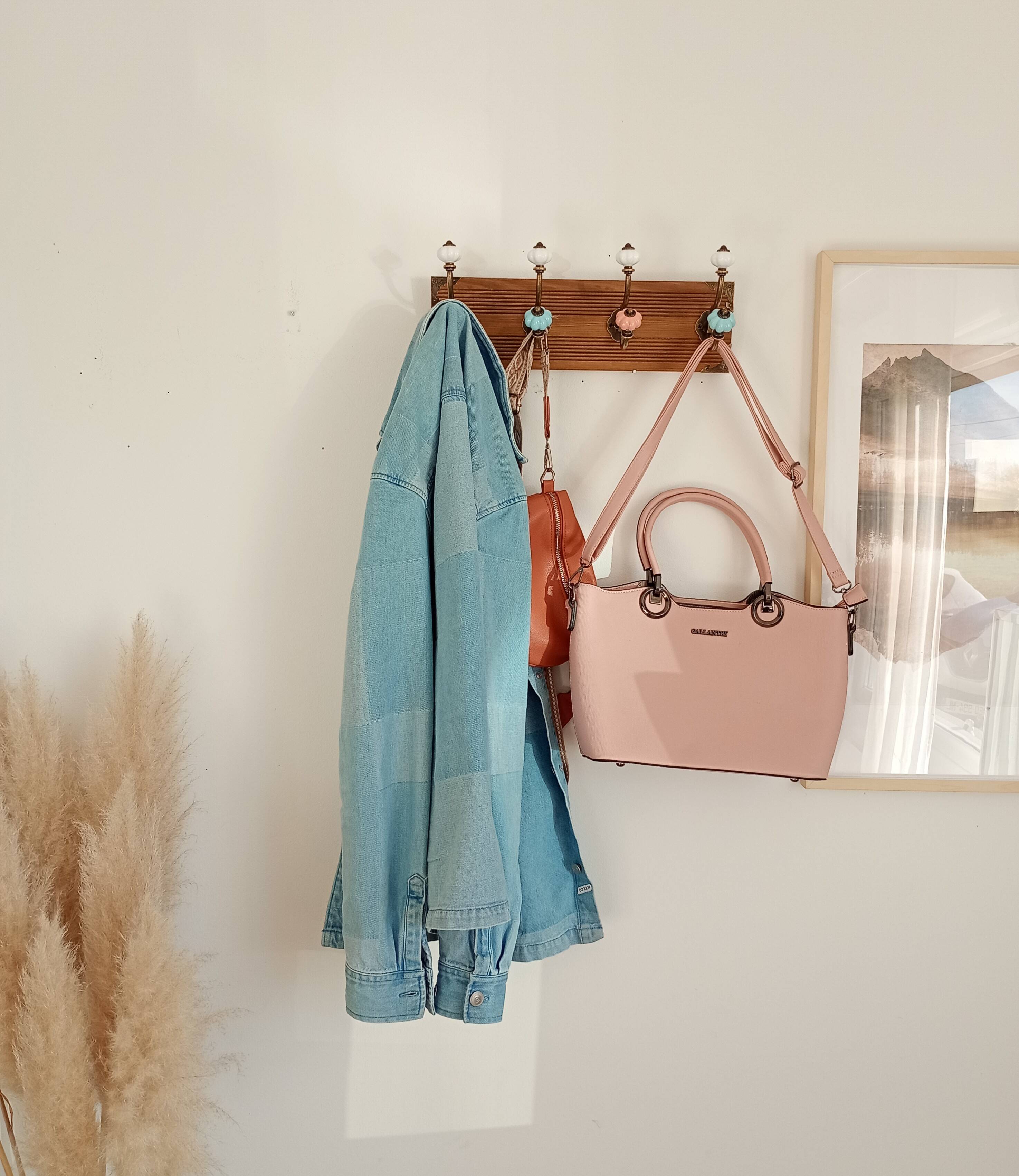 Wall-mounted coat rack with 8 hooks – vintage style – stained wood & metal