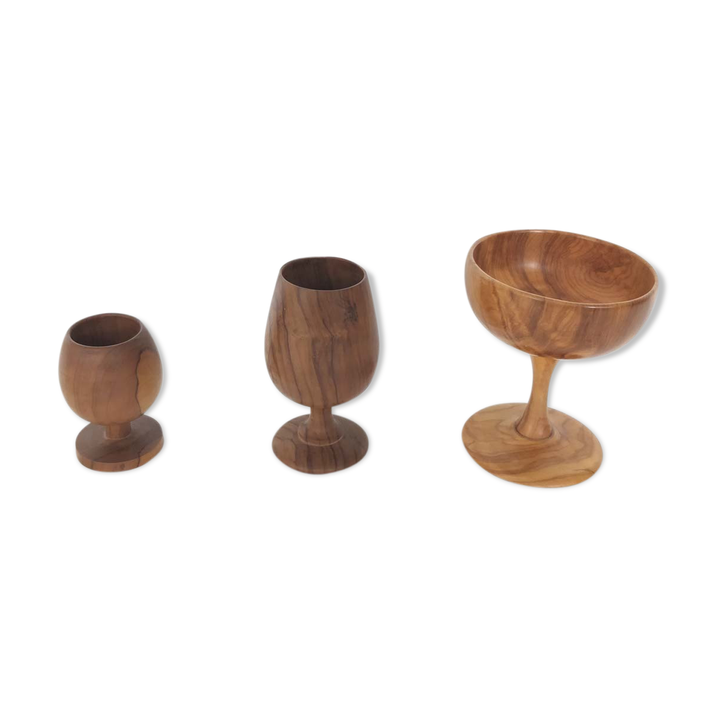 Trio of egg cup glasses and Scandinavian wooden cup
