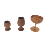 Trio of egg cup glasses and Scandinavian wooden cup