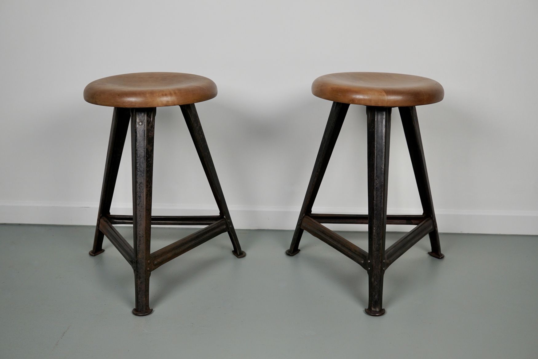 Pair of Industrial Steel Factory Stools By Rowac Robert Wagner Chemnitz, 1930s