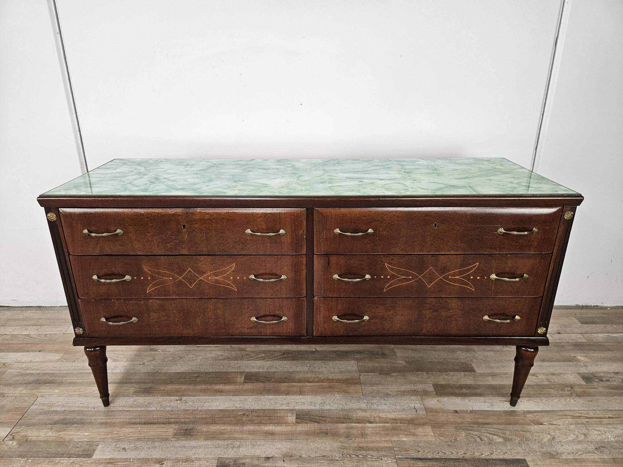 Vintage six-drawer oak chest of drawers with glass top, 1960