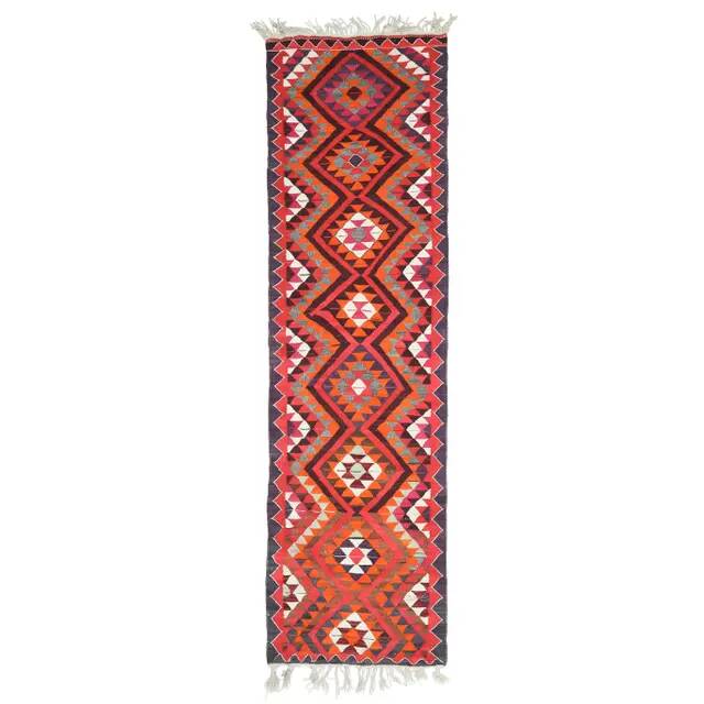 1970s Vintage Turkish Hand-Knotted Wool Cotton Pink Runner Rug 91x340