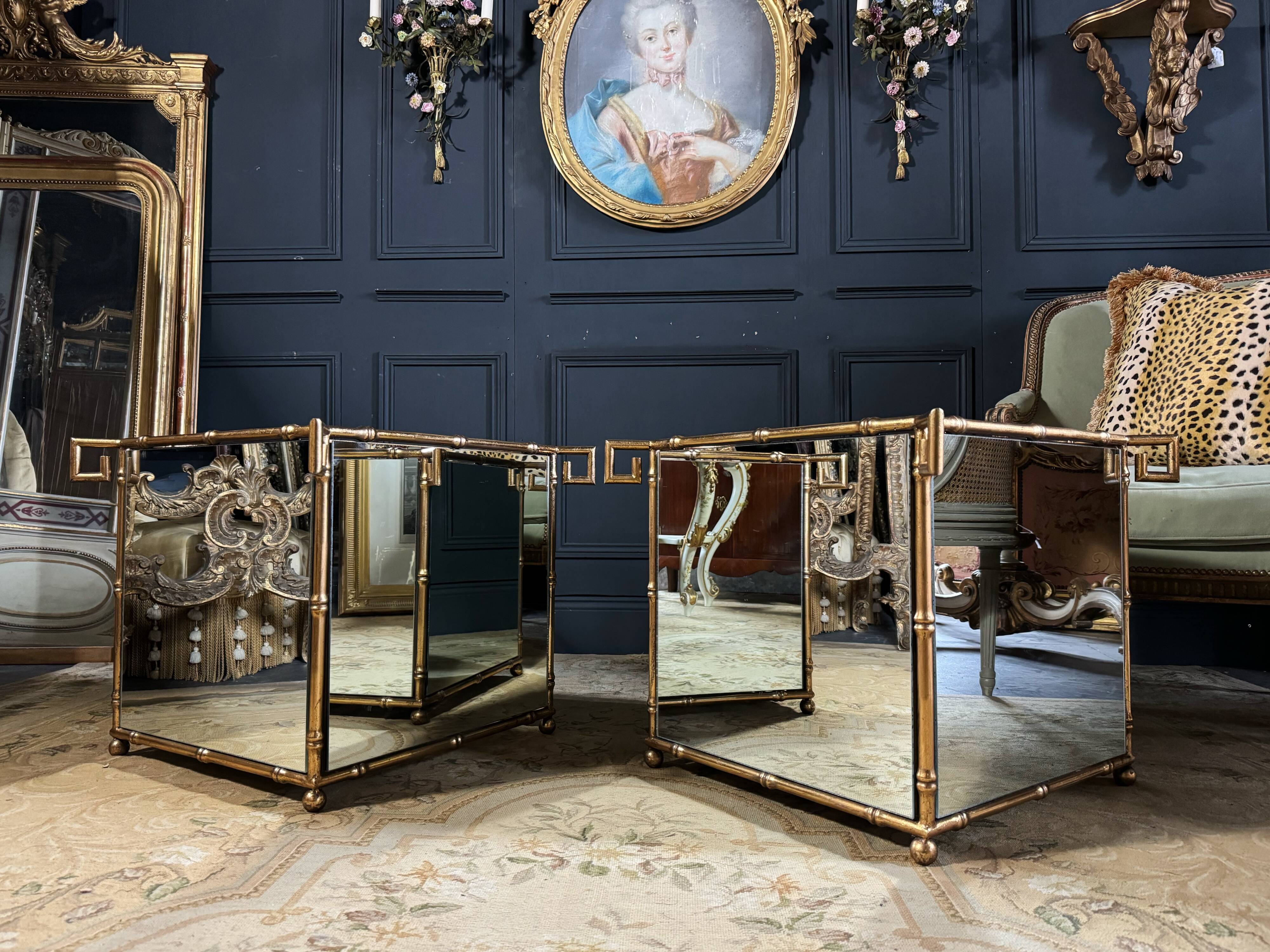 Pair of "bamboo" model planters in gold metal and glass from the 70s