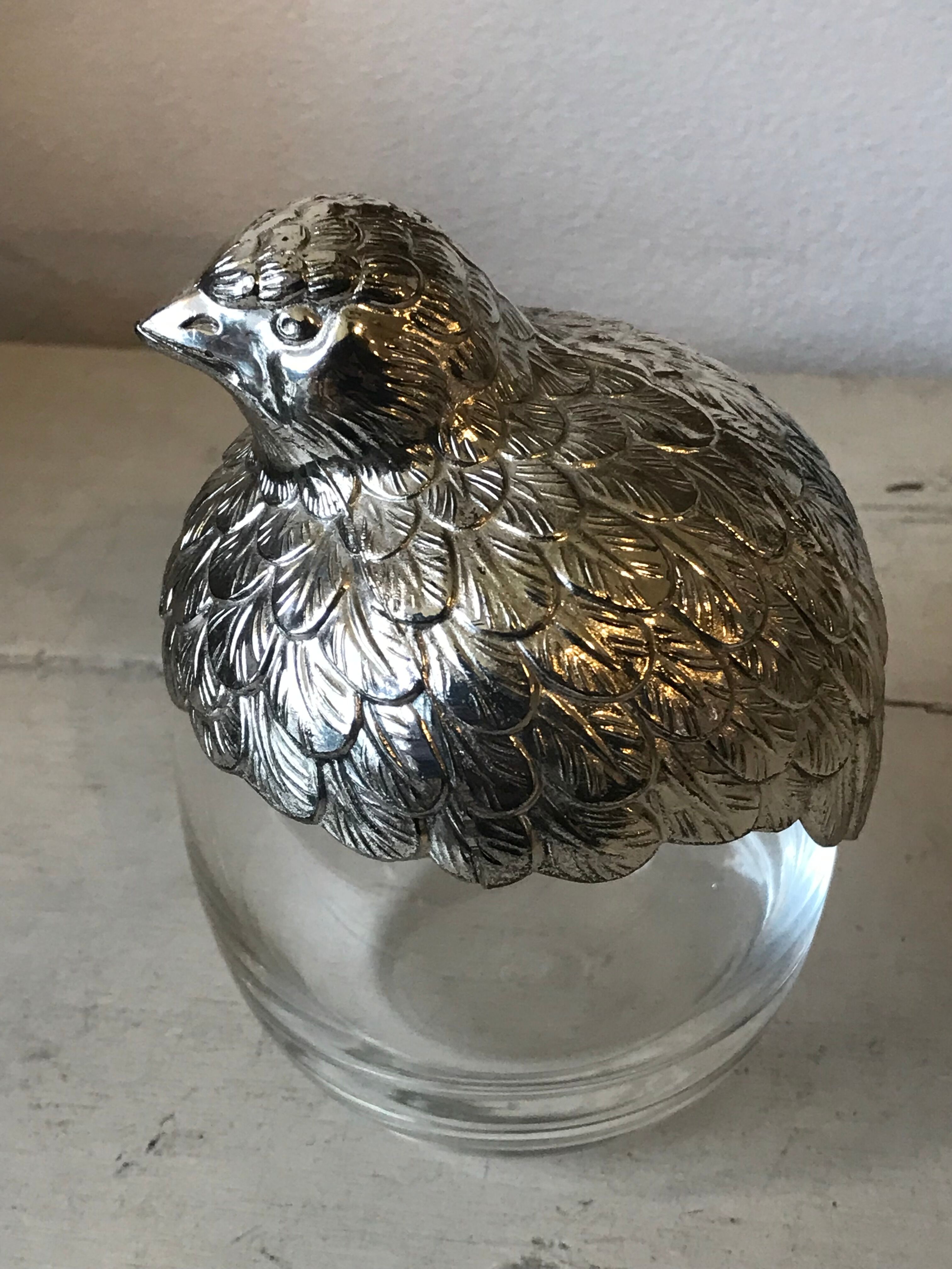 Quail-shaped table mustard silver metal and glass