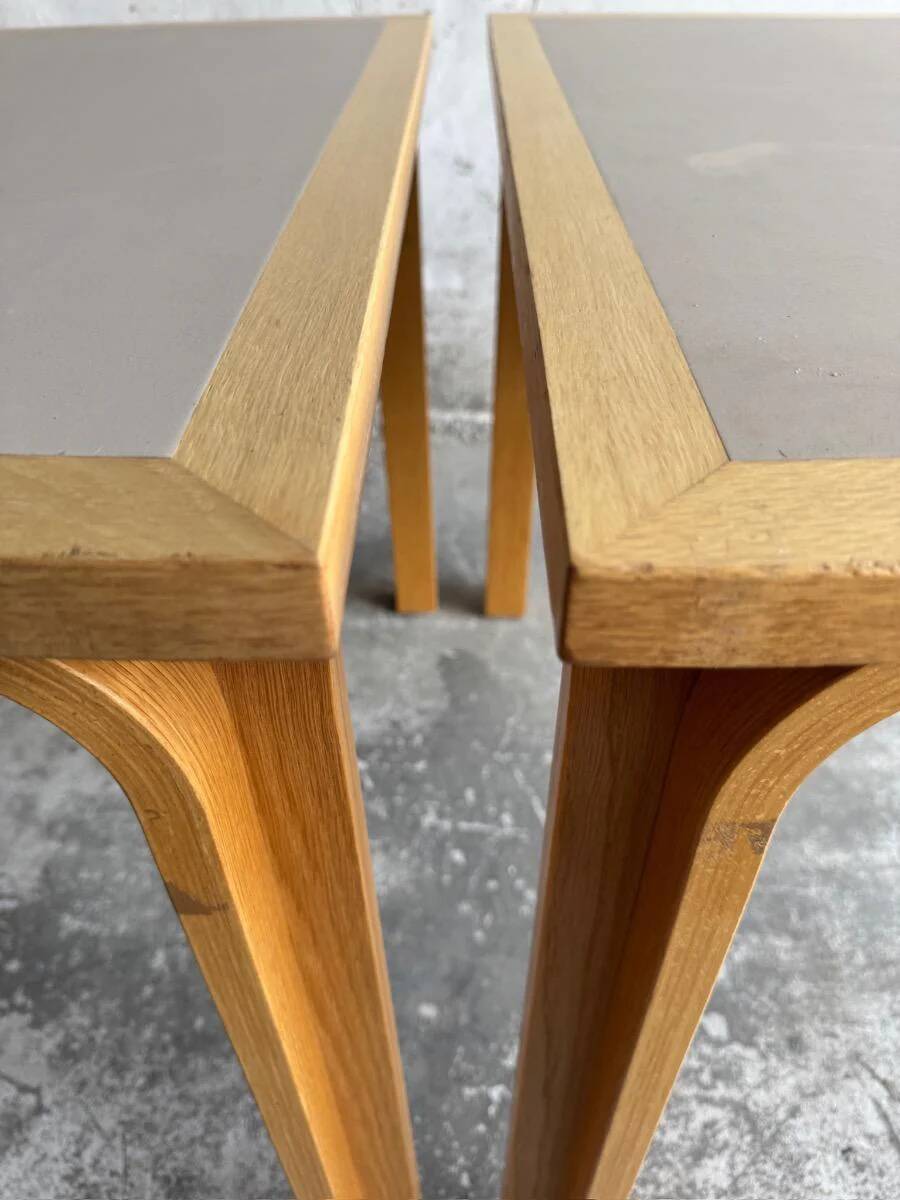 Set of 2 light-grey laminated and beech wood half-round dining tables by Magnus Olesen