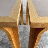 Set of 2 light-grey laminated and beech wood half-round dining tables by Magnus Olesen