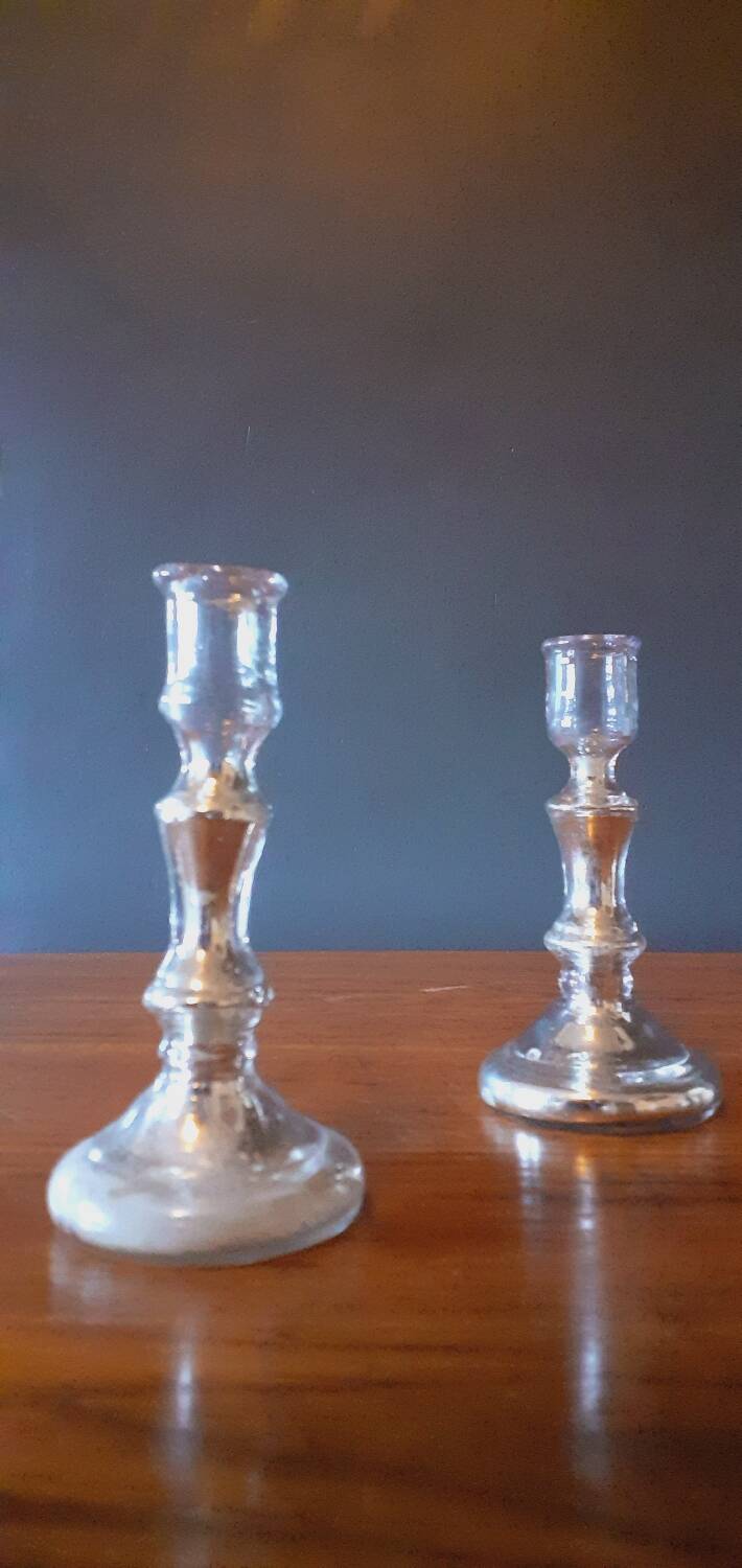 Pair Of Old Candlesticks In Eglomized/Mercurized Glass
