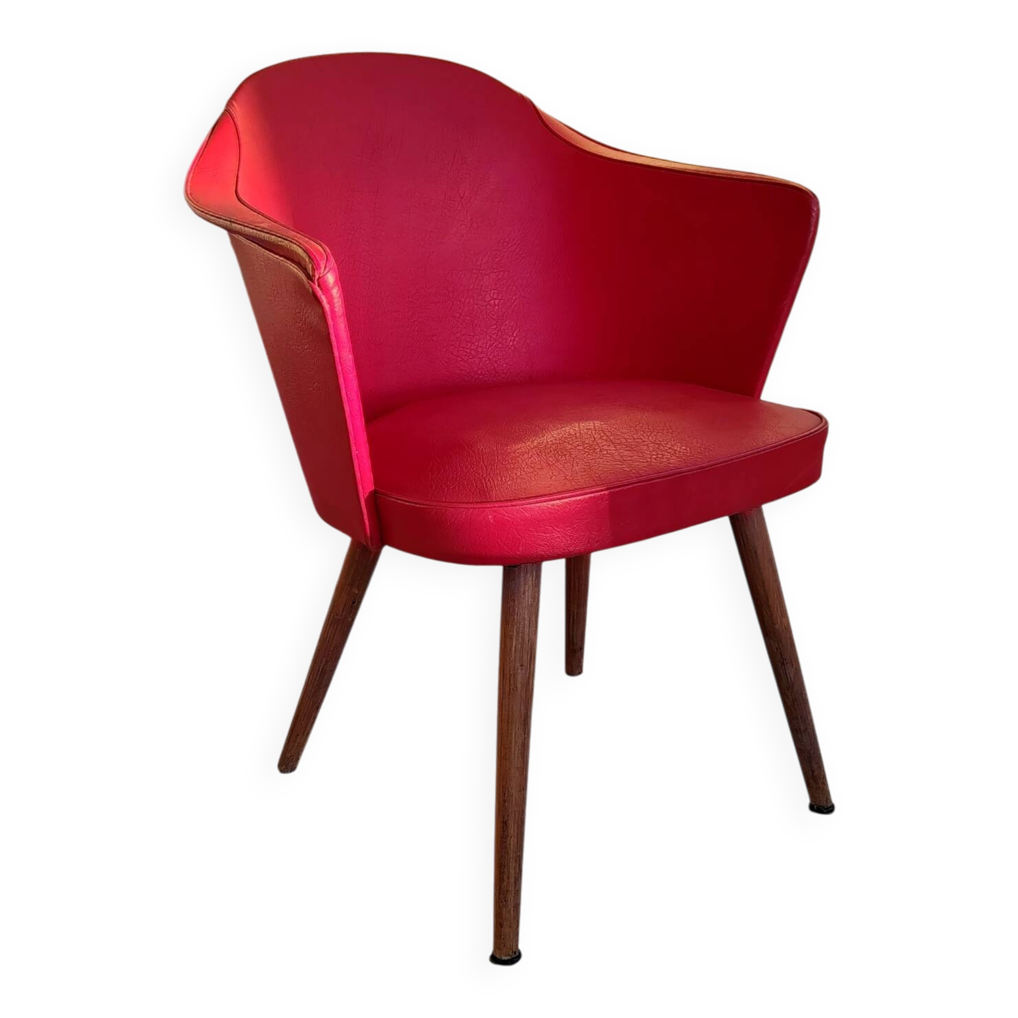 Cocktail chair in wood and red moleskin - 1960s