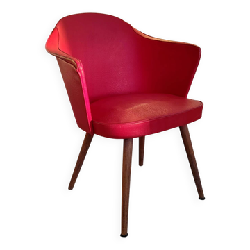 Cocktail chair in wood and red moleskin - 1960s