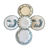 set of 5 flat plates Terre de Fer mismatched Sarreguemines "Griffon", Salins "Ninon" and Mouli