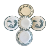 set of 5 flat plates Terre de Fer mismatched Sarreguemines "Griffon", Salins "Ninon" and Mouli