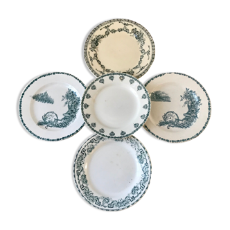 set of 5 flat plates Terre de Fer mismatched Sarreguemines "Griffon", Salins "Ninon" and Mouli