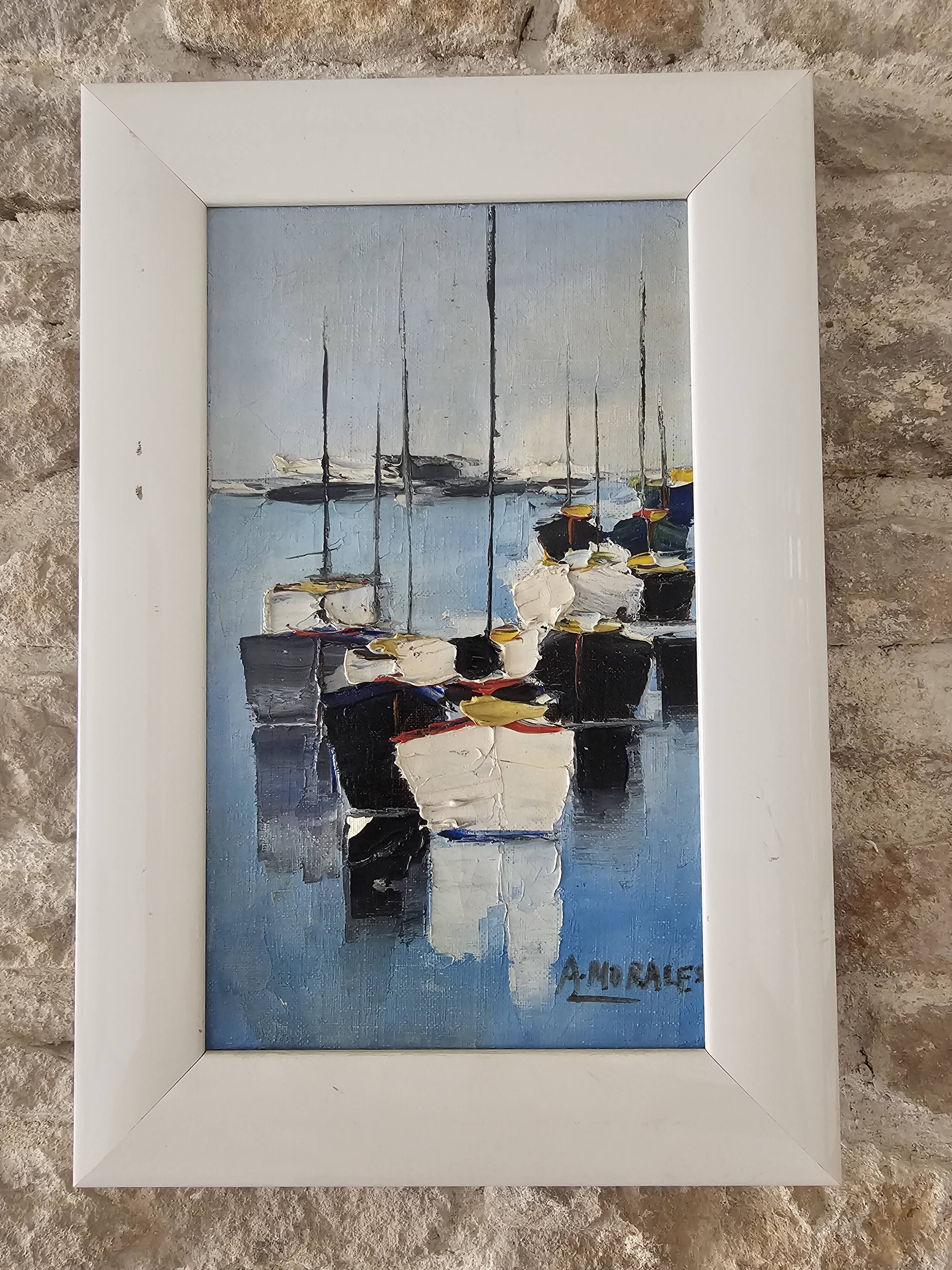 Oil on Canvas Painting Marine Landscape Sailboats at Anchor Signed Morales
