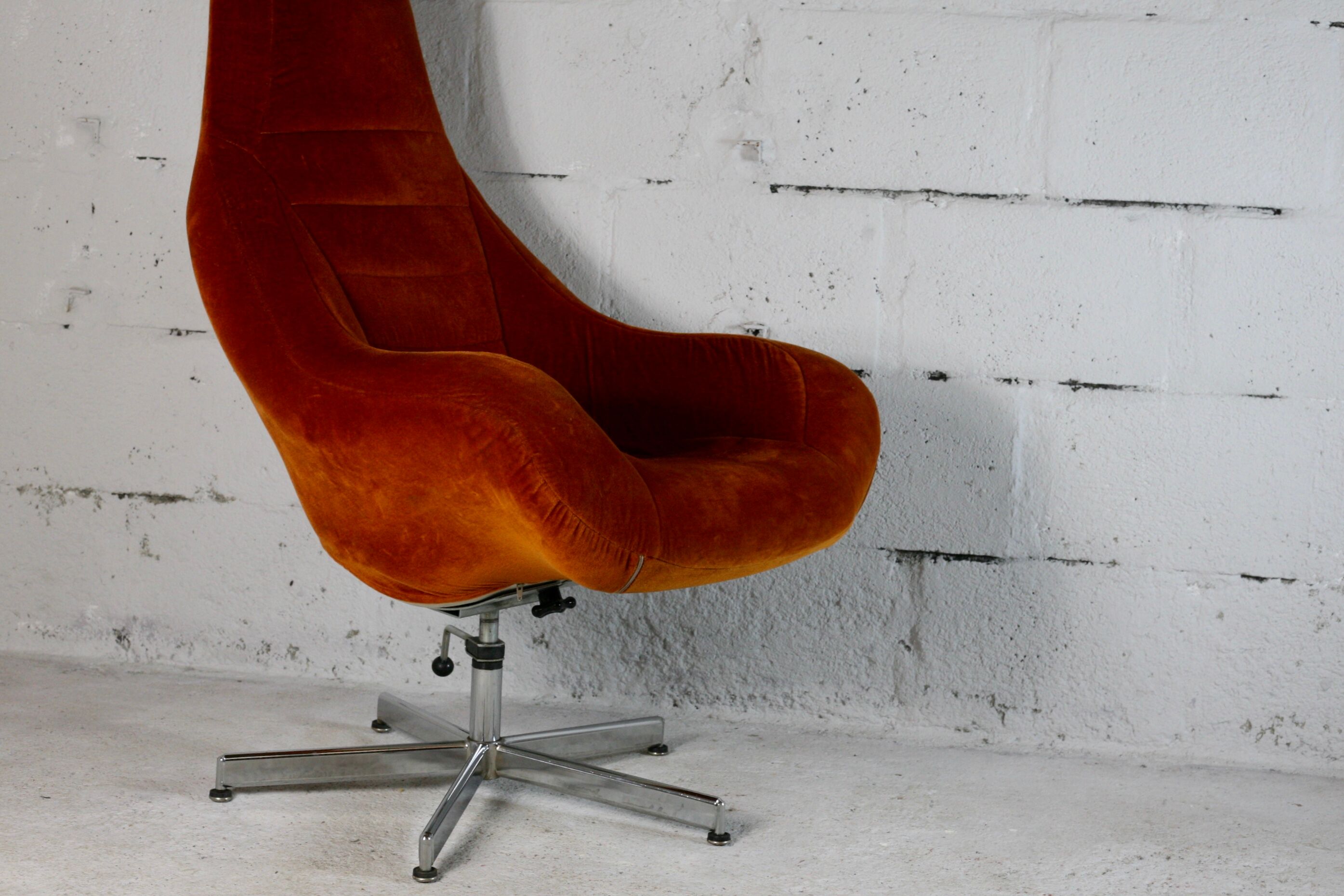 Space age chair, fiberglass, orange velvet, circa 1970s