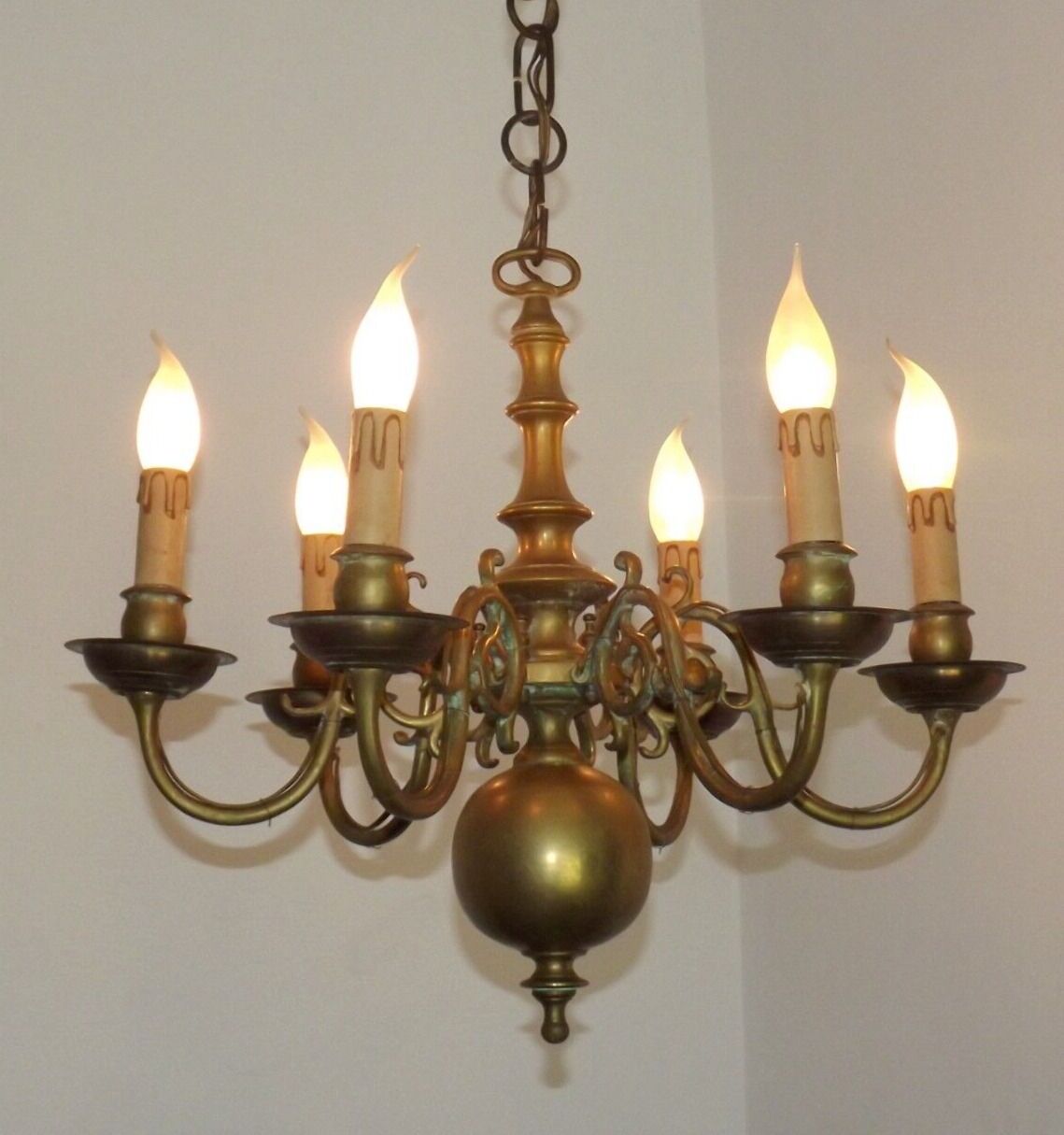 Vintage French 6 Light Heavy Brass Flemish Style Chandelier Card Drips 4050