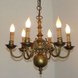 Vintage French 6 Light Heavy Brass Flemish Style Chandelier Card Drips 4050
