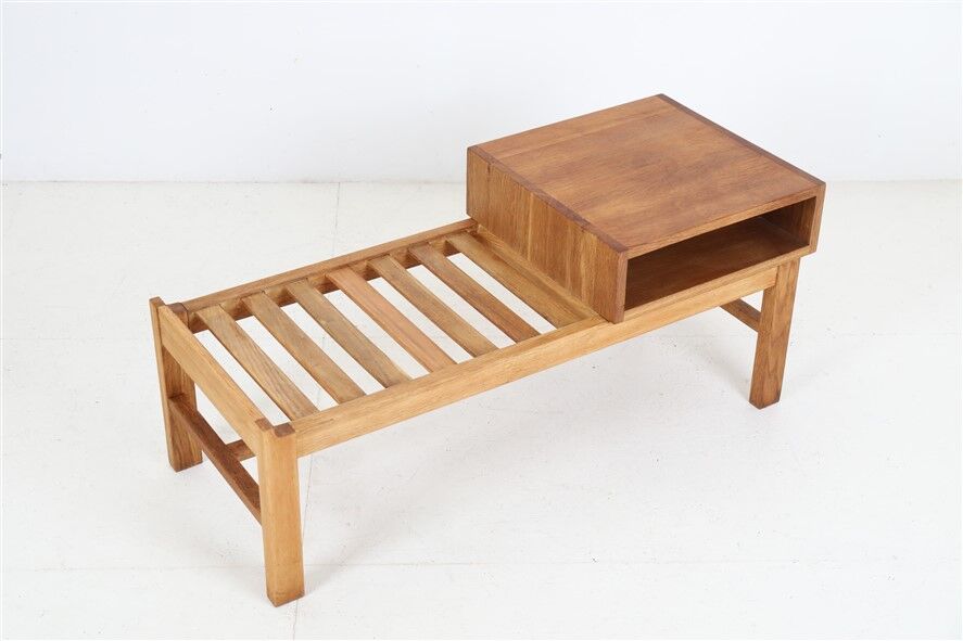 Minimalist mid-century phone / reading bench, oak, Danish modern design, 1960s / 1970s