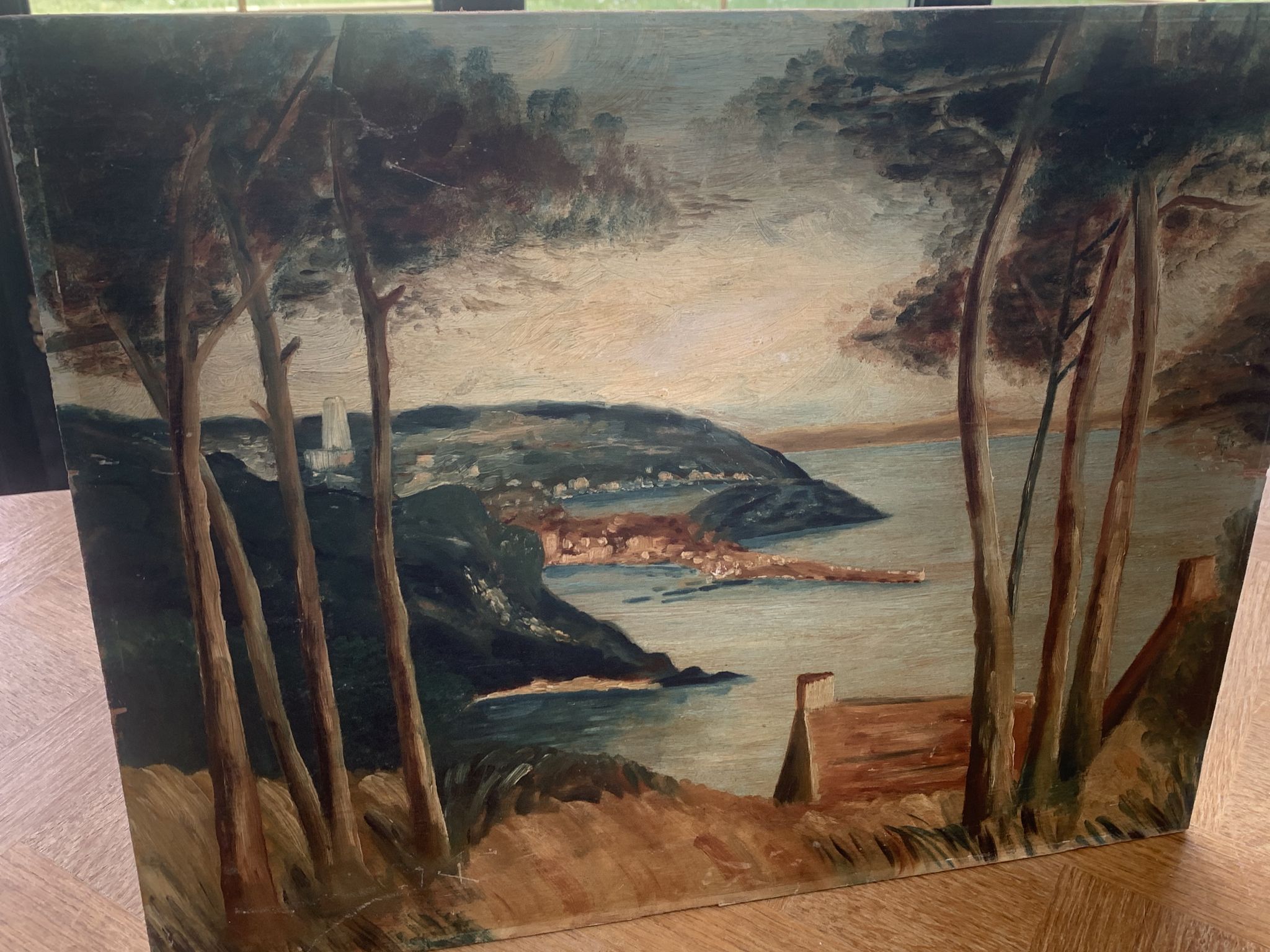 Painting on wood landscape by the water