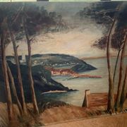 Painting on wood landscape by the water