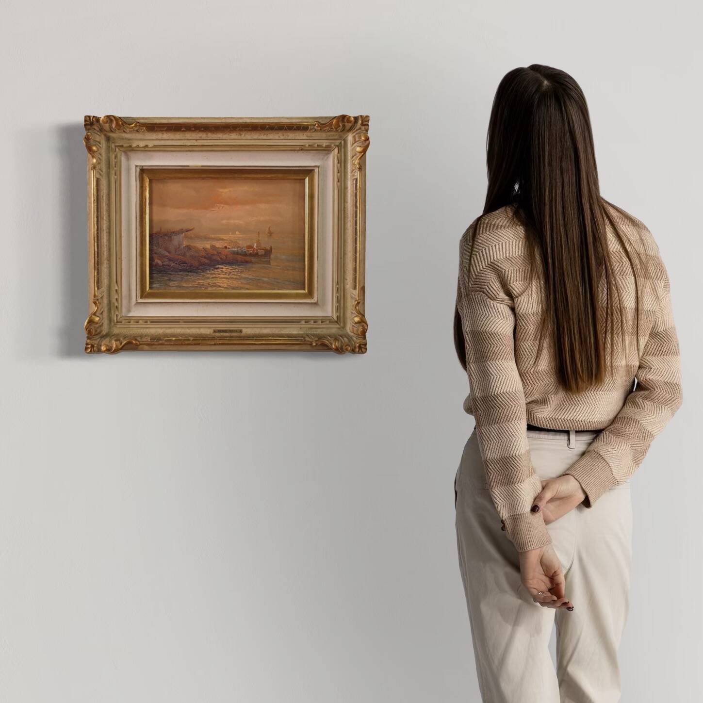 Seascape painting signed by Remo Testa, fishermen at sunset