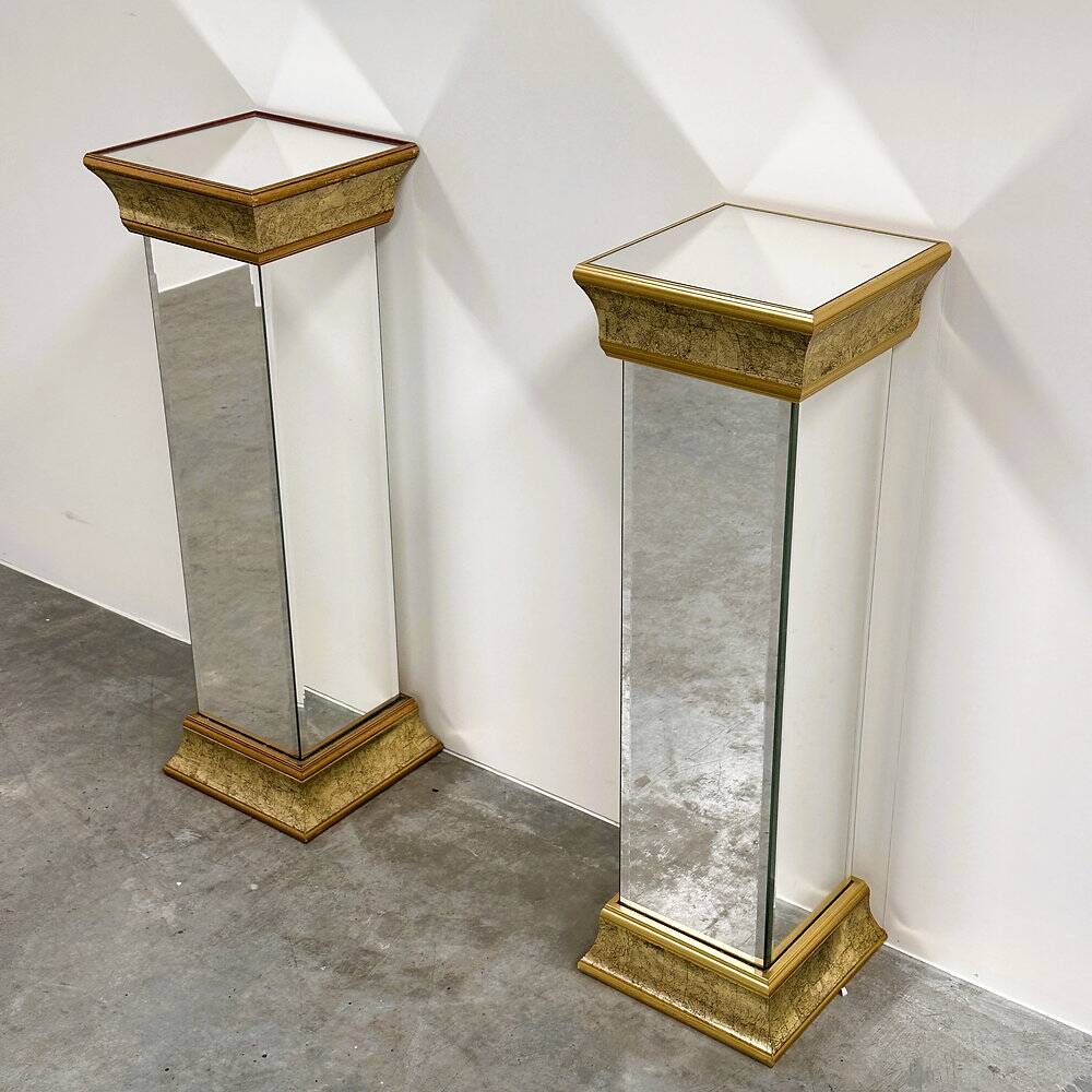 Pair of Deknudt mirrored pedestals / plinths in gilt finish, Belgium, 1980s