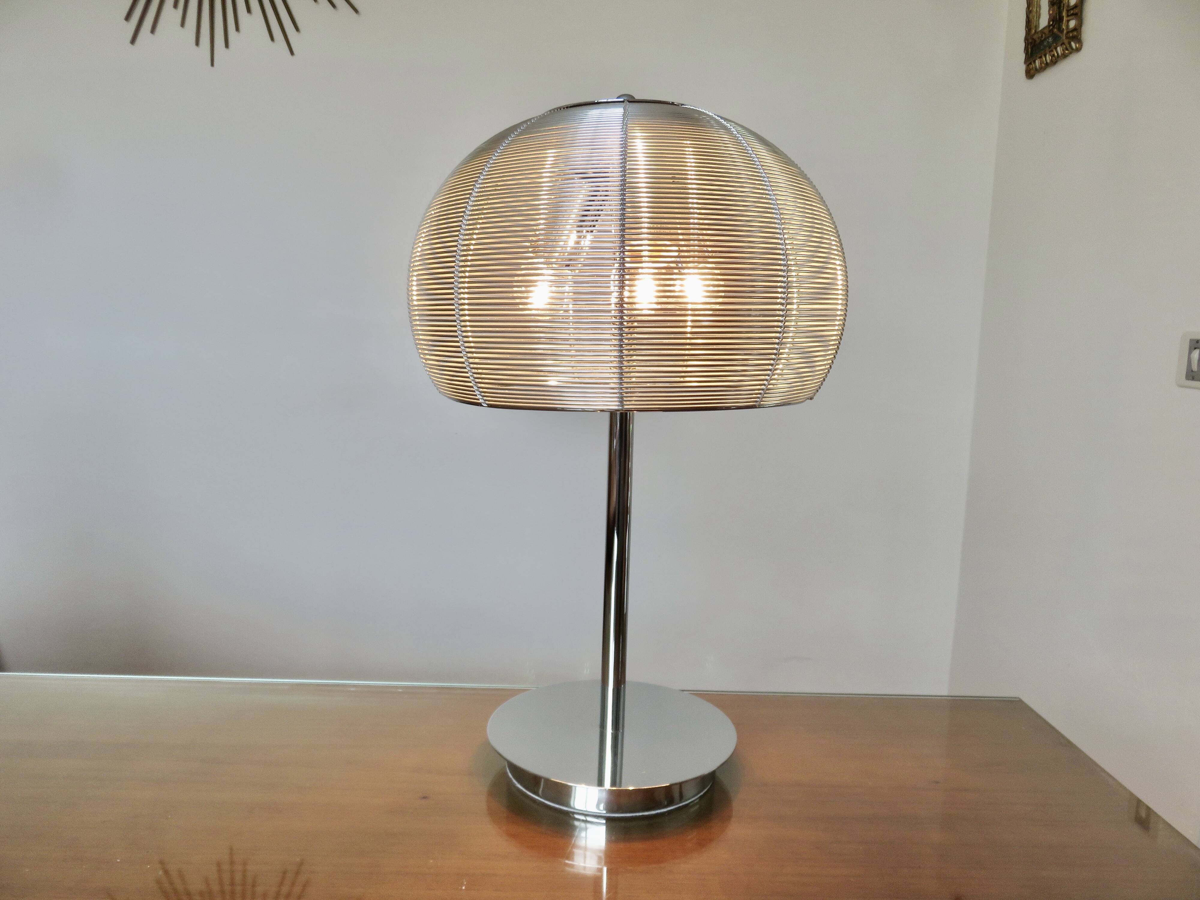 Pair of chrome-plated metal lamps with aluminum wire shades, 1990