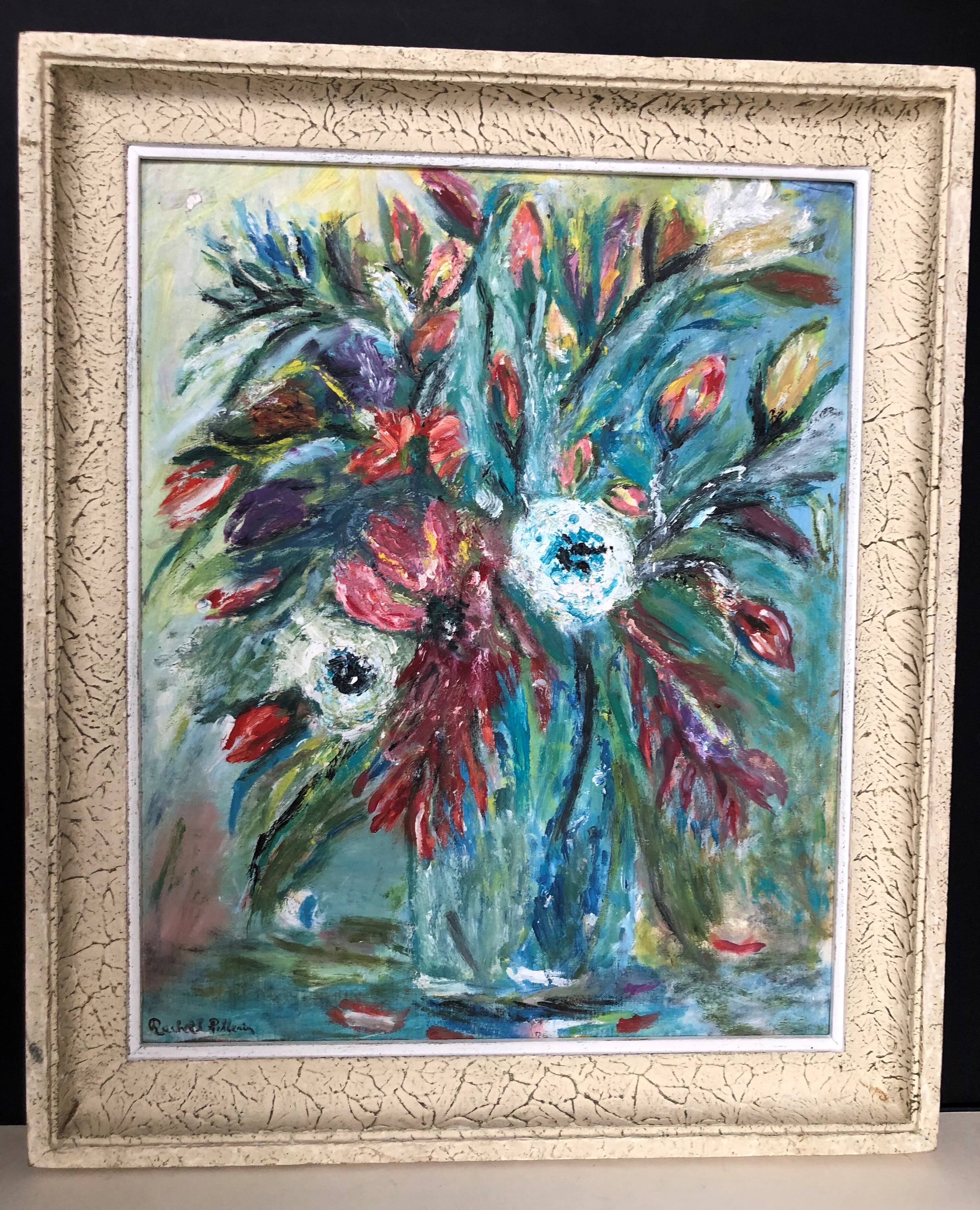 Painting: oil on still life panel with a tawny bouquet