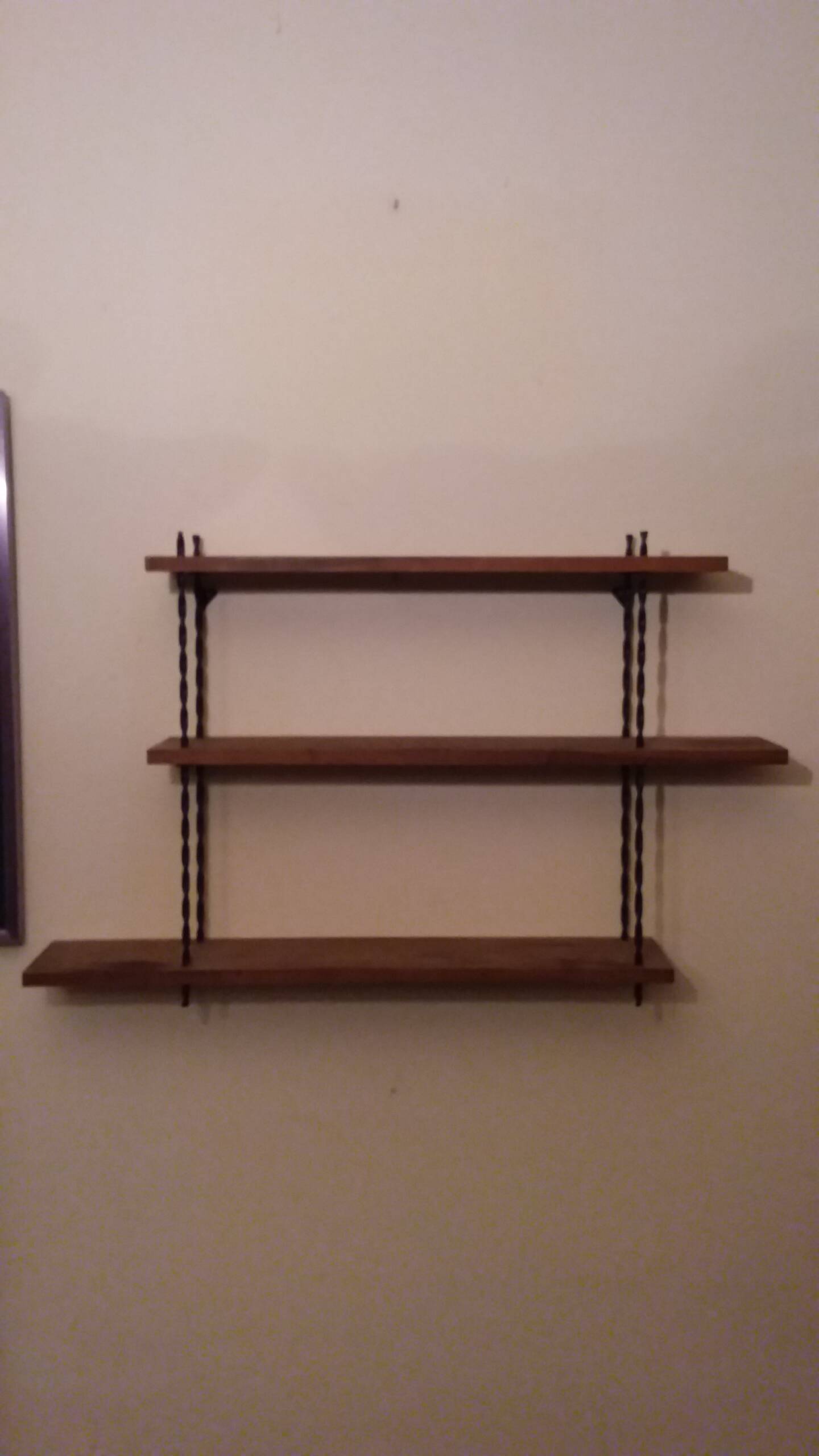 Vintage asymmetrical wall shelf in solid oak and metal from the 60s