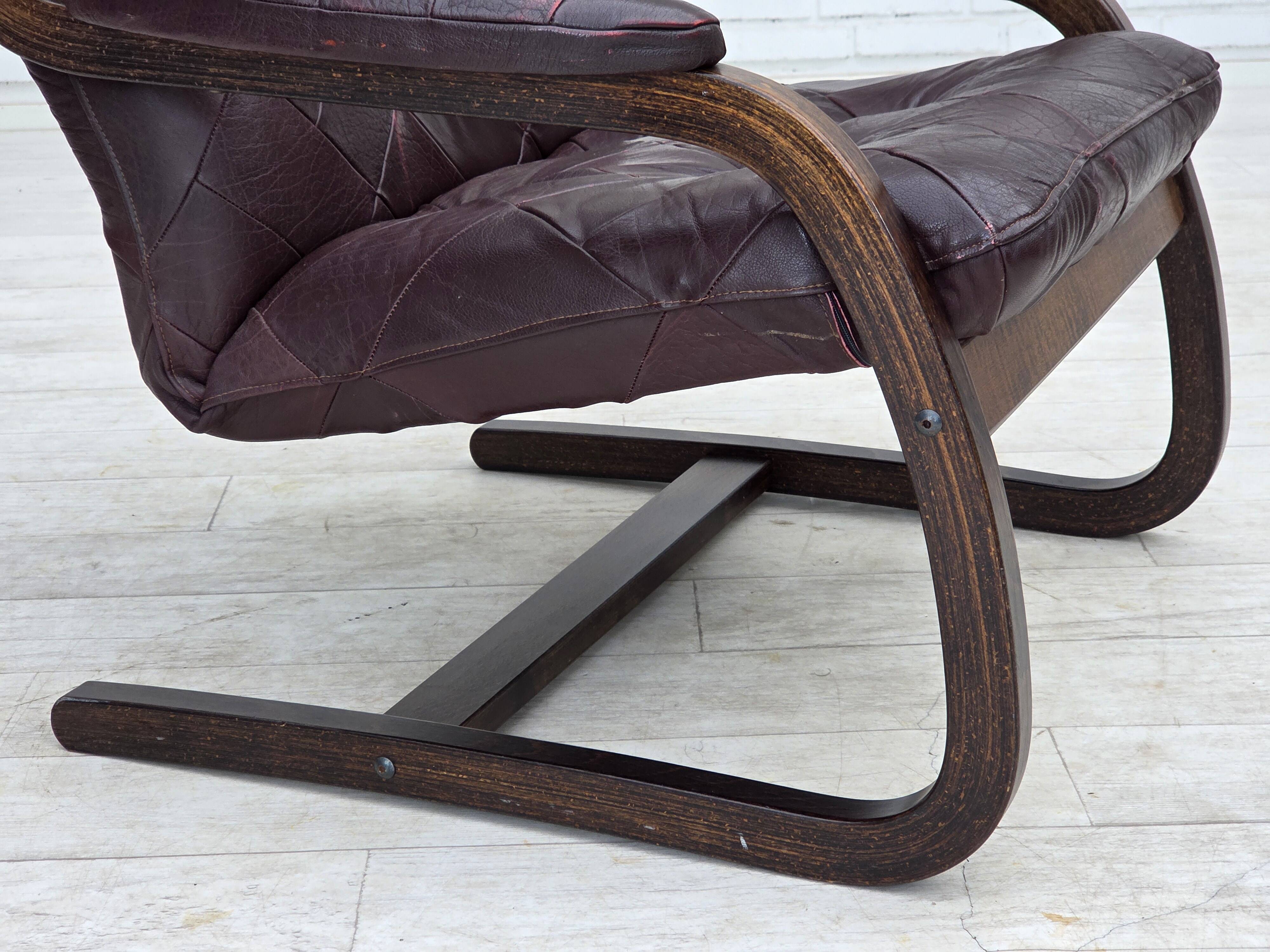 1970s, Scandinavian armchair, brown furniture leather, bent wood.