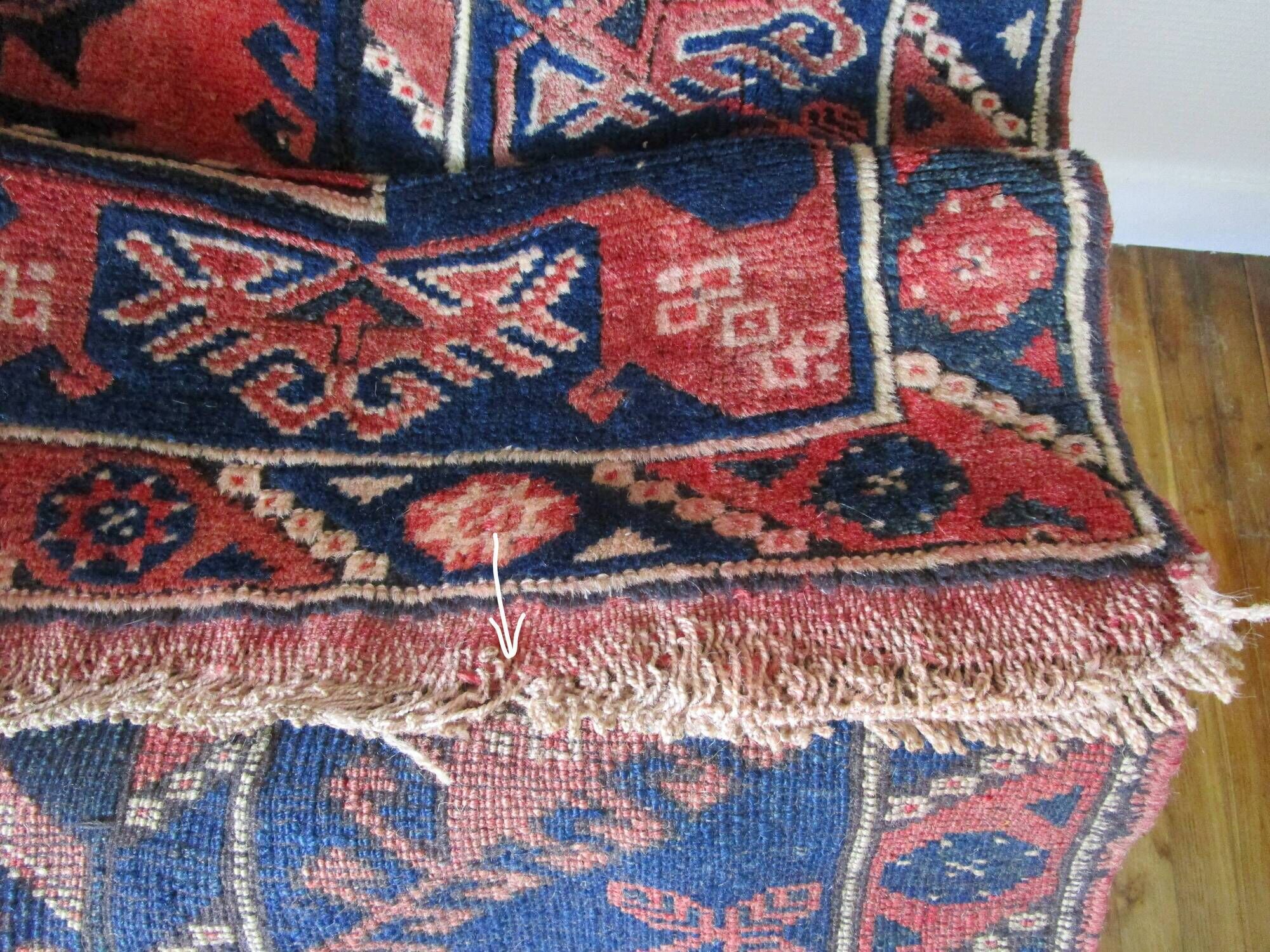 Carpet point knotted velvet wool blue red white 124 cm x 202 cm vintage