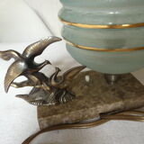 Lampe veilleuse oiseaux Art Déco, marbre, régule et verre granité bleu