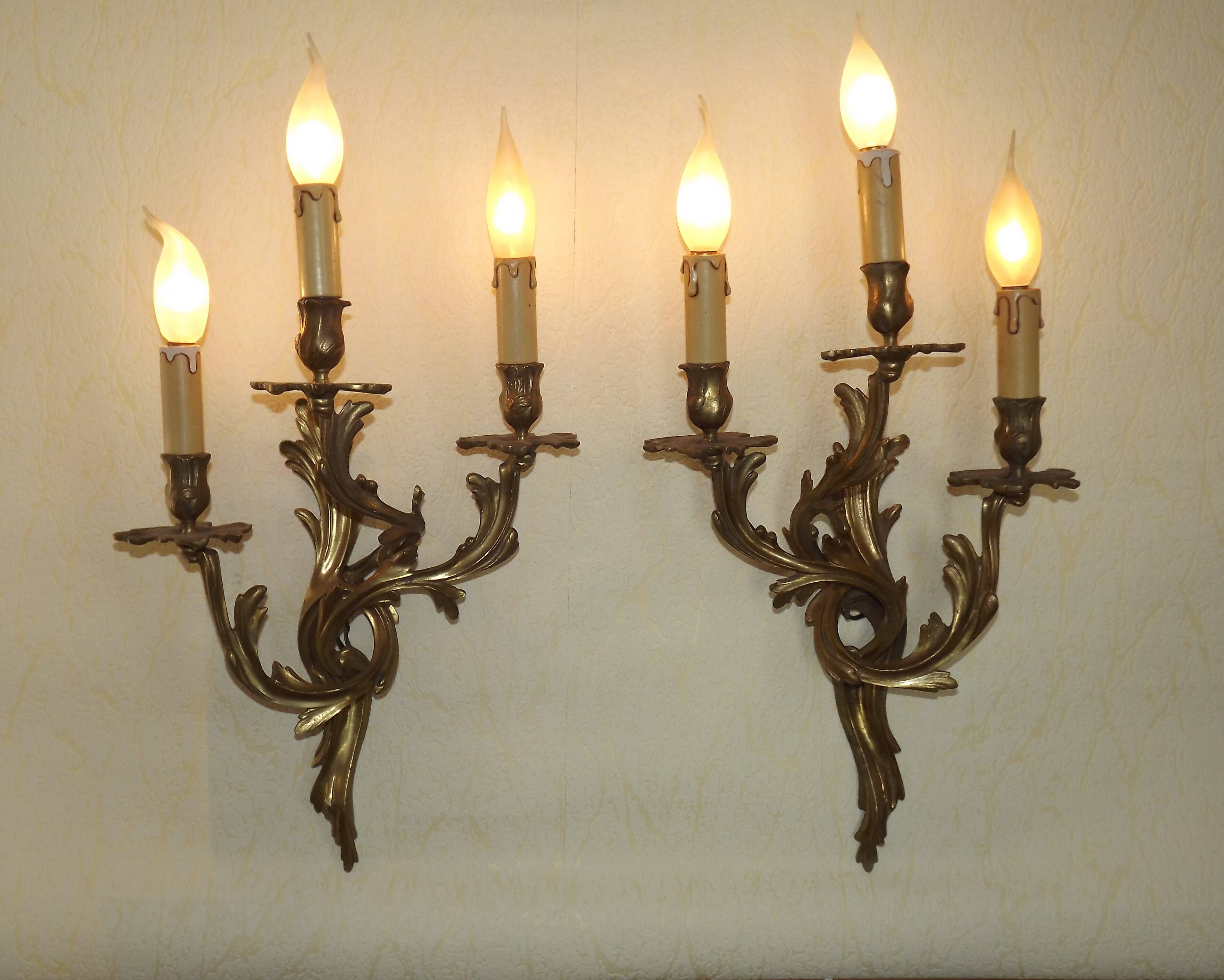 Very large pair of early 1900s 3-light acanthus leaf wall sconces 5209