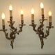 Very large pair of early 1900s 3-light acanthus leaf wall sconces 5209