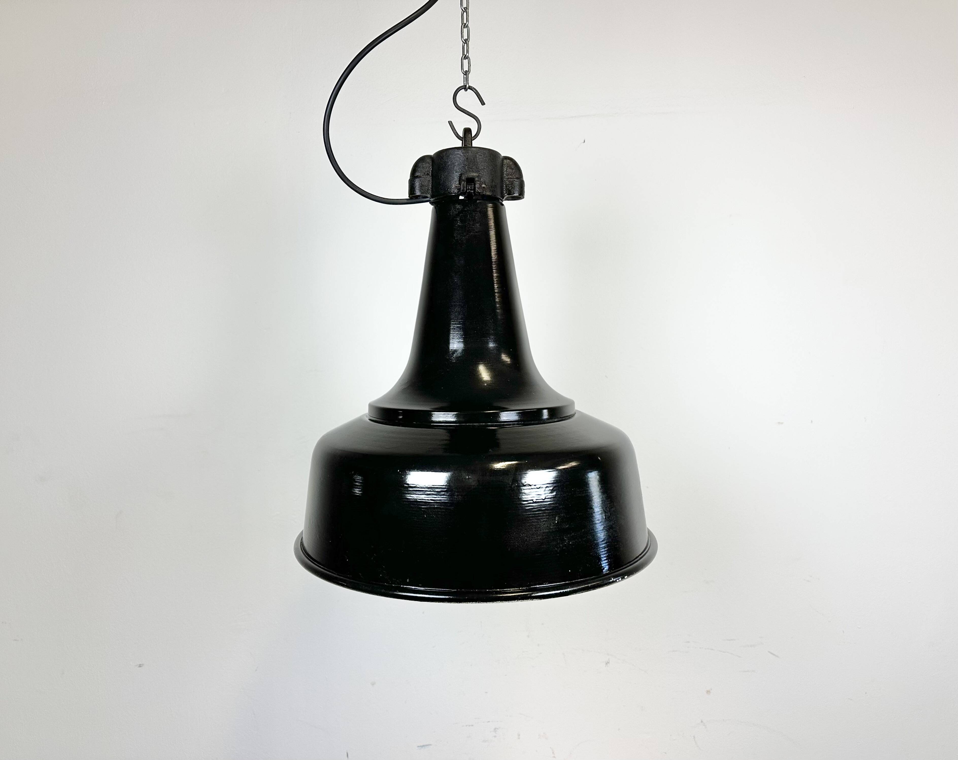 Industrial black pendant factory lamp with cast iron top, 1970s
