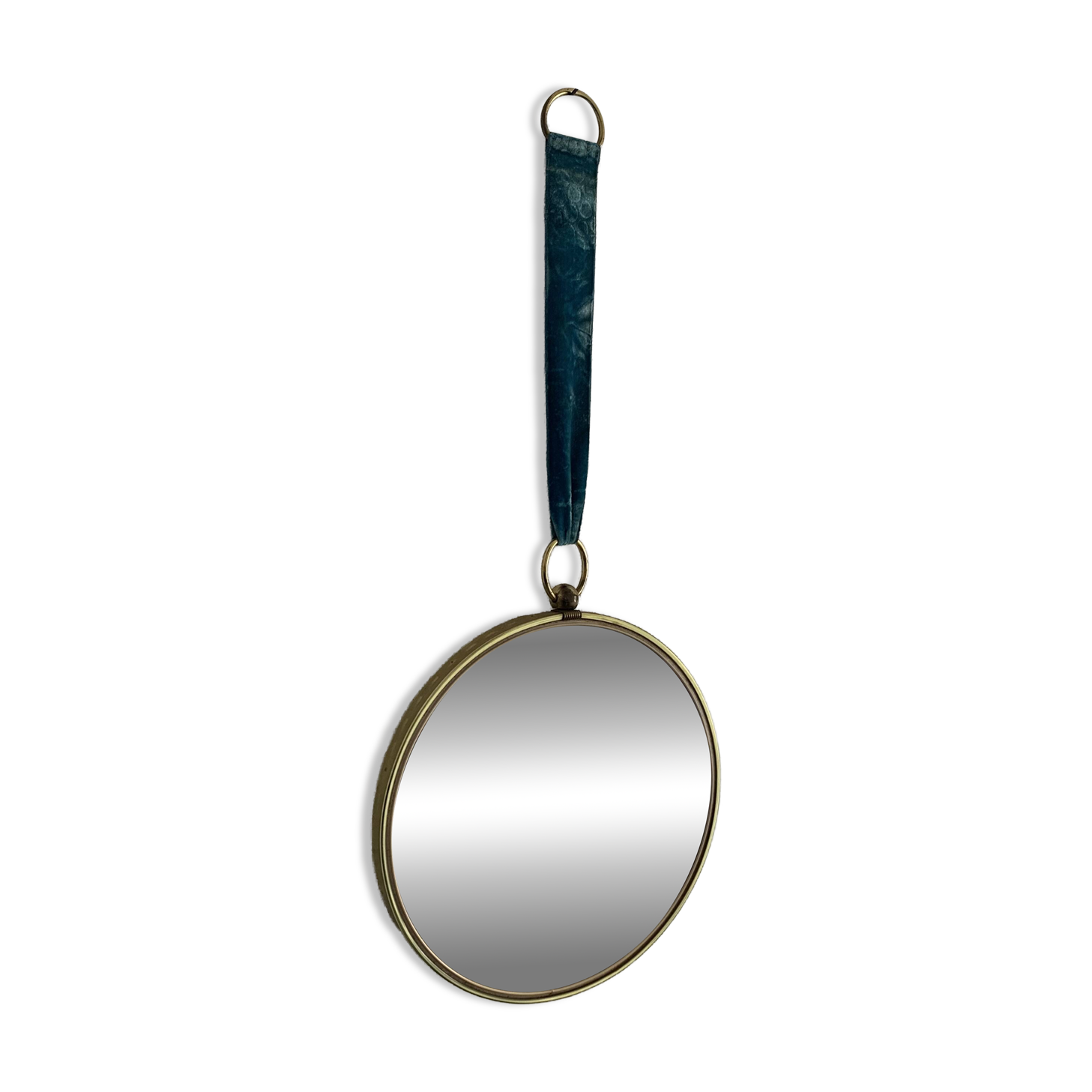 Miroir oeil de sorcière en métal et velours turquoise, 1960