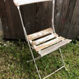 Vintage White Metal & Wood Folding Garden Chair