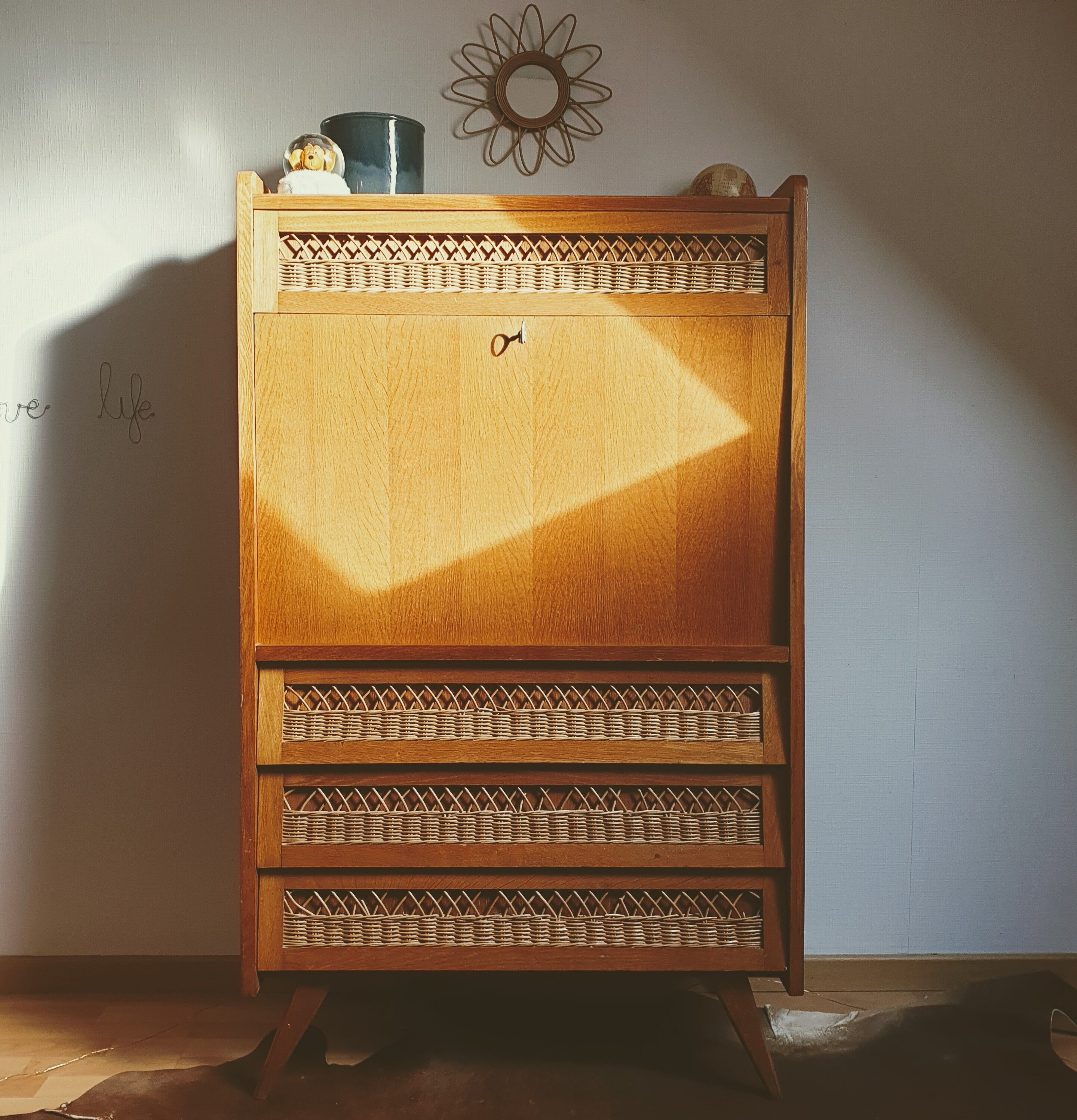 Vintage secretary rattan chest of drawers