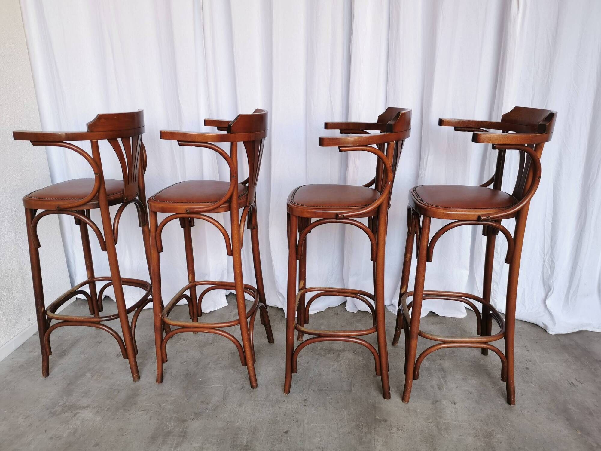 Set of 4 Vintage Bentwood Bar Stools, Brown Leather Seat, Nailhead Trim