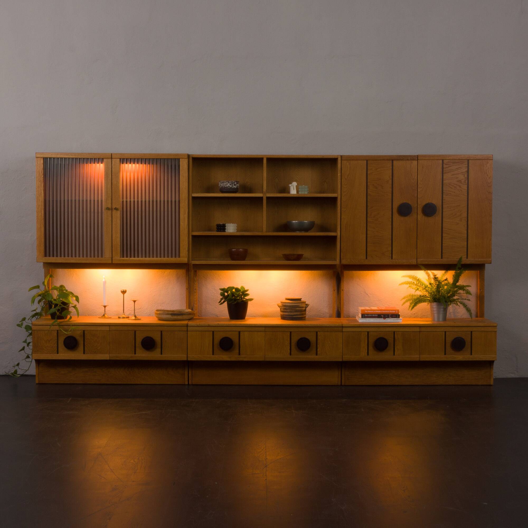 Scandinavian mid century oak wall unit with backlit, Denmark 1970s