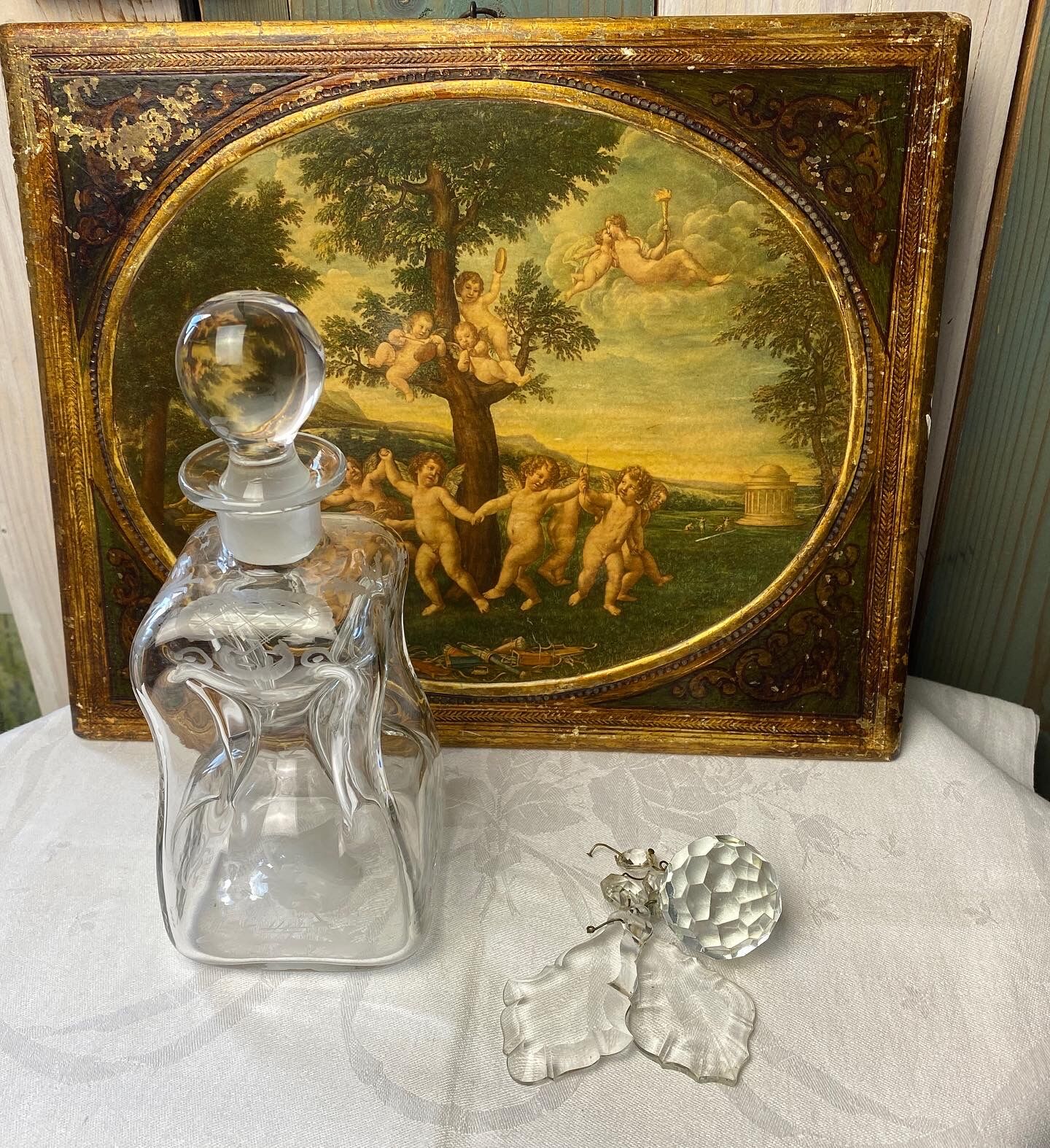 Antique engraved pinched crystal decanter